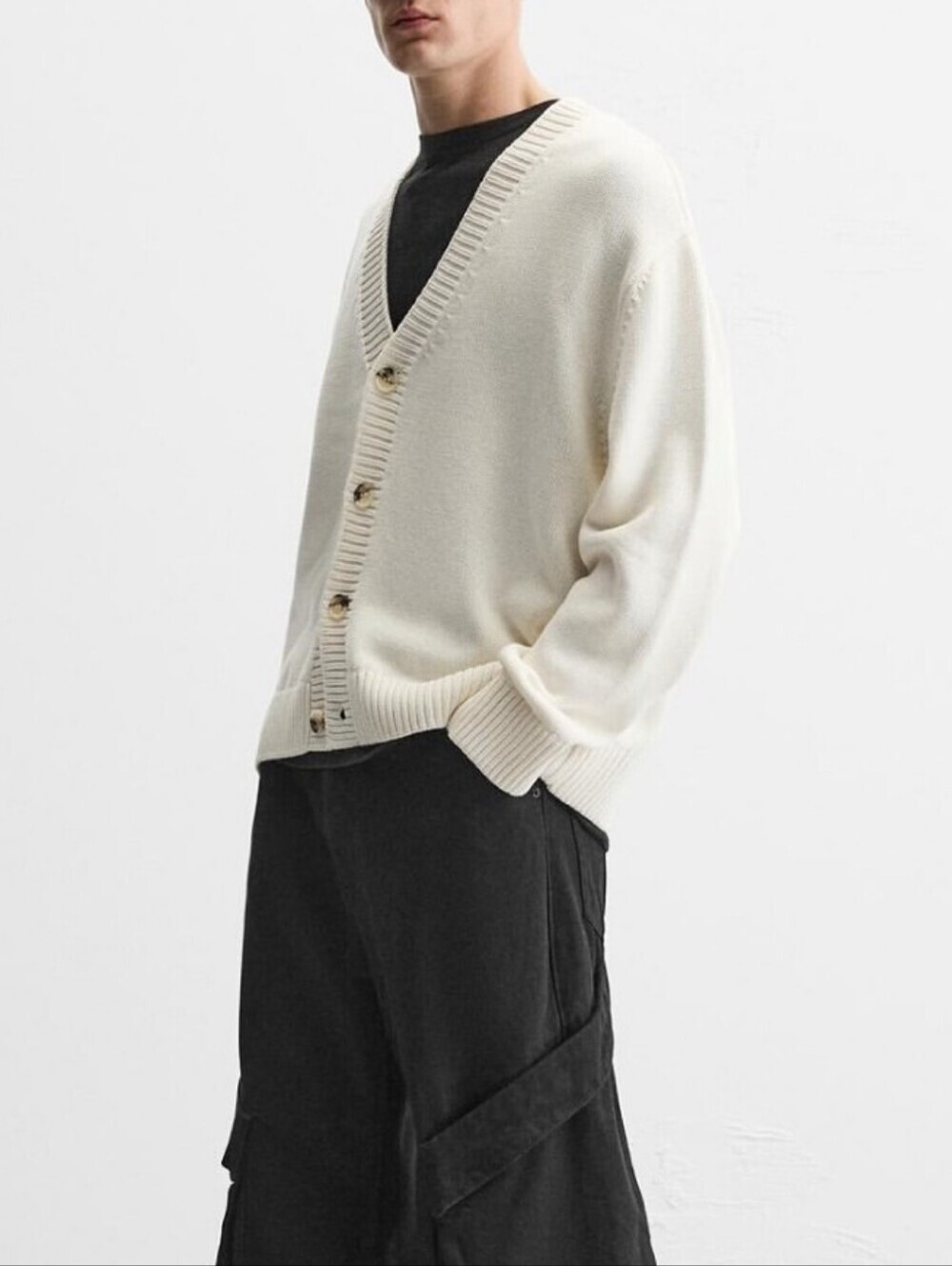 Zara Men's Cotton Cream V-Neck Button Long Sleeve Cardigan Sweater Size M - Picture 3 of 10